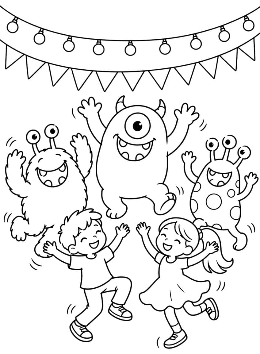 Two dancing children and three monsters under a string of light bulbs and pennant flags