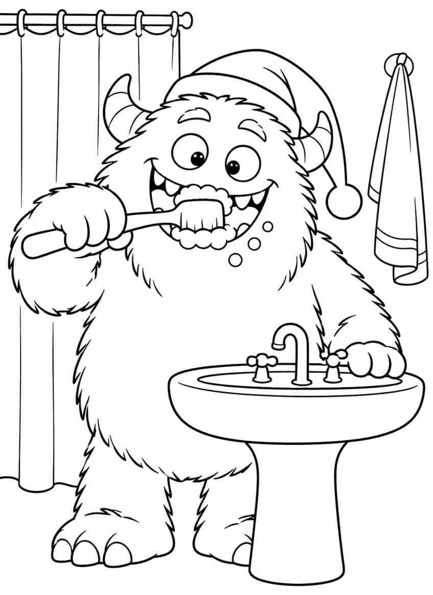 Furry horned monster in a nightcap brushing its teeth at a pedestal sink, with curtain and towel