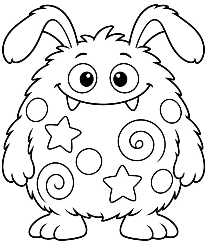 Smiling fuzzy monster with floppy ears, two big eyes, fangs, and a belly with stars, spirals and circles