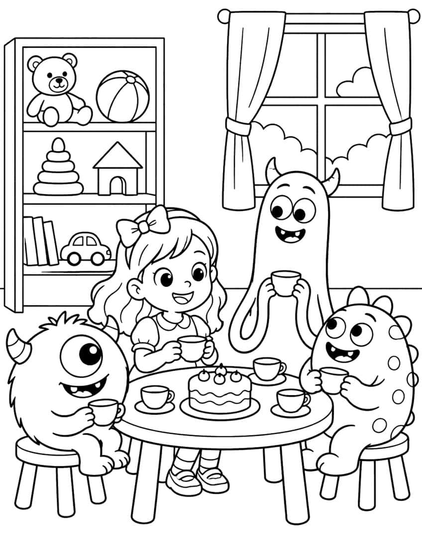 Girl and three monsters having tea at a round table with cake, toy shelf and window