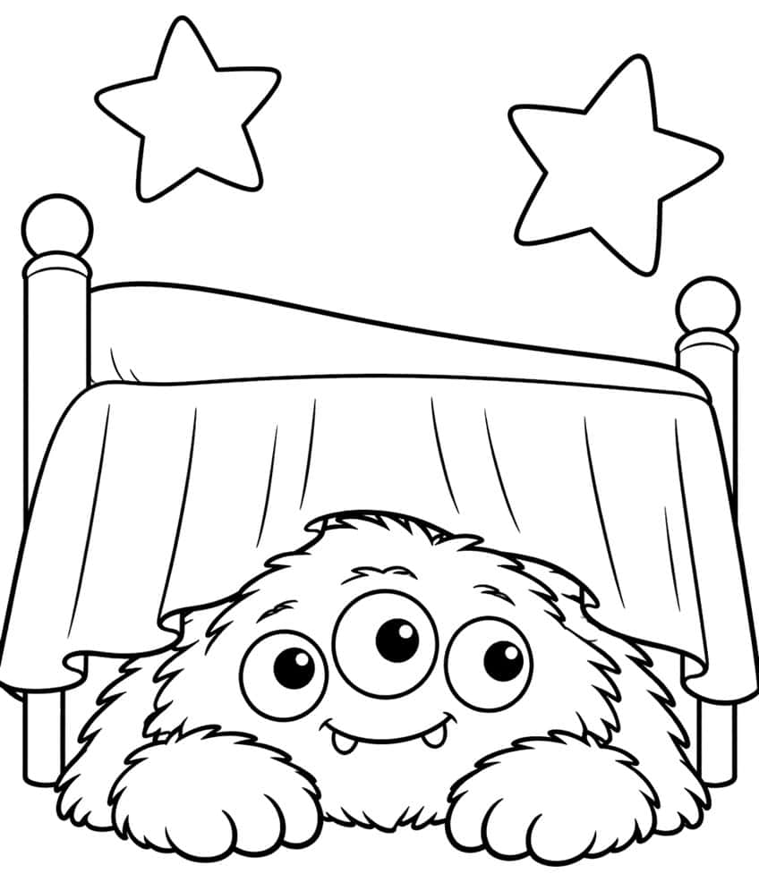 Fuzzy three-eyed monster with fangs peeking from under a bed with two stars above