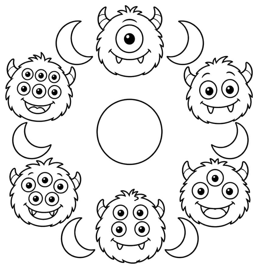 Wreath of six fuzzy horned monster faces with crescent moons around a central circle