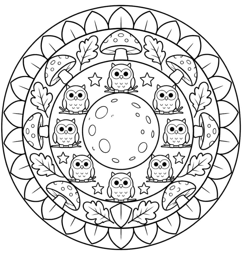 Round mandala with eight owls around a full moon, stars, mushrooms, oak leaves and a leaf border