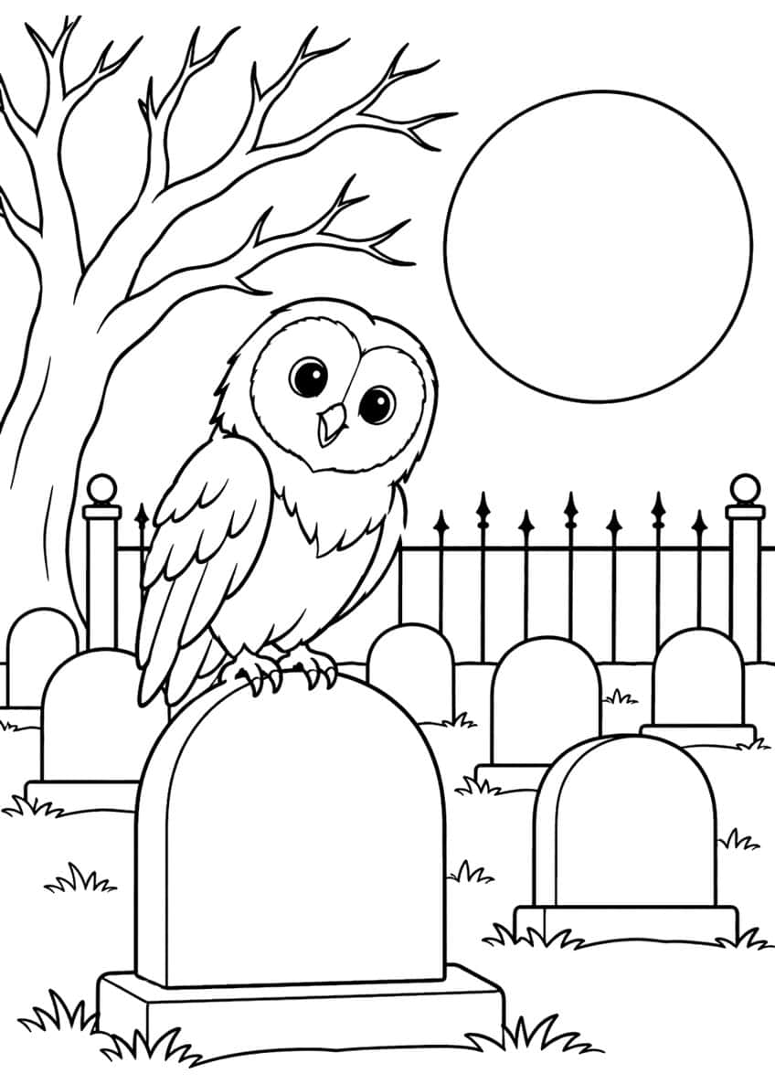 Barn owl on a gravestone with headstones, iron fence, bare tree and full moon