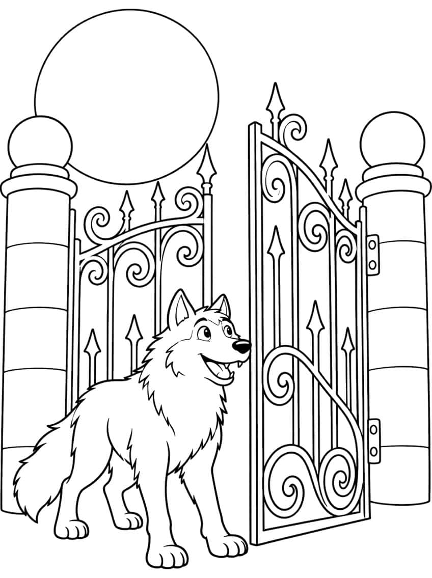 Smiling wolf beside an open iron gate with scrolls, two ball-topped stone pillars and a big full moon