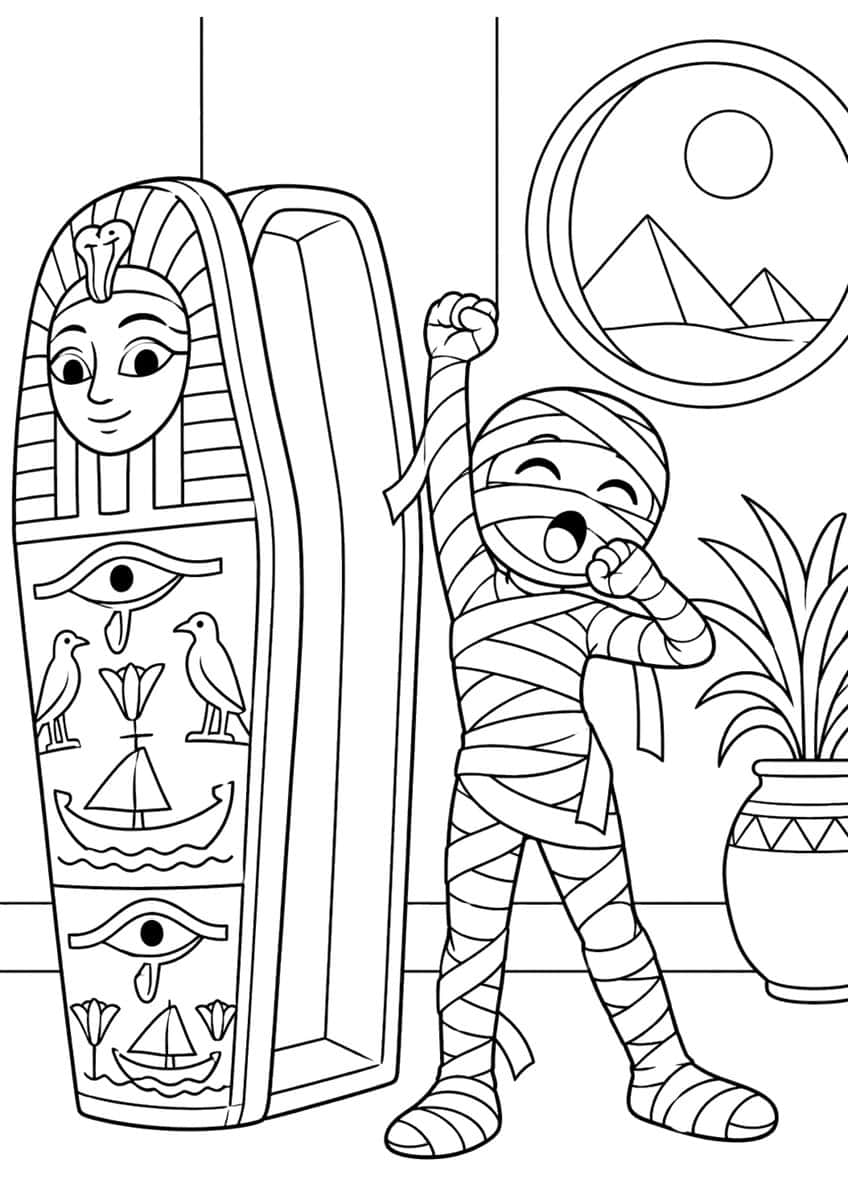 Yawning mummy stretching beside an open sarcophagus, a round pyramid window and a potted plant