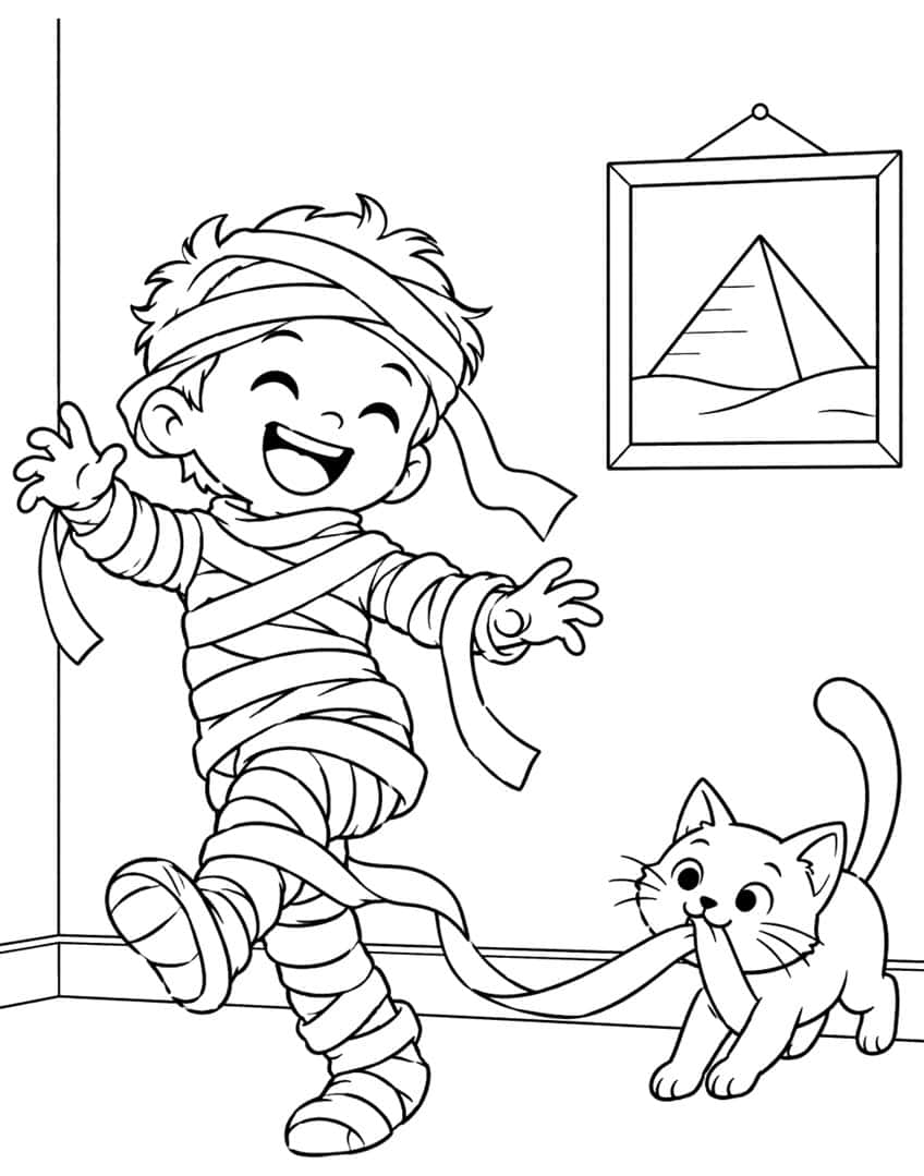 Laughing boy dressed as a bandaged mummy, a kitten pulling a bandage strip, and a pyramid picture on the wall