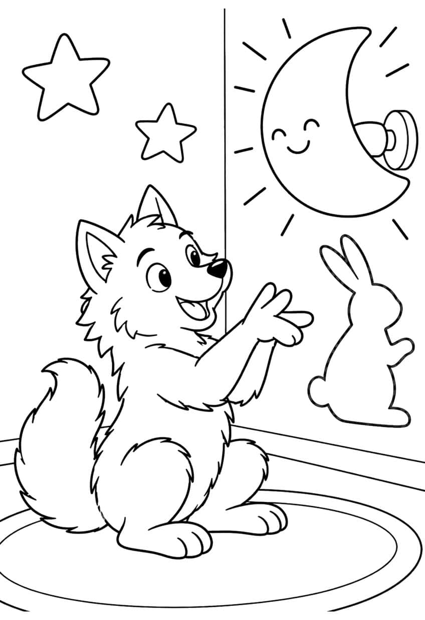 Wolf pup on a rug reaching toward a smiling crescent moon night light, with two stars and a bunny shape