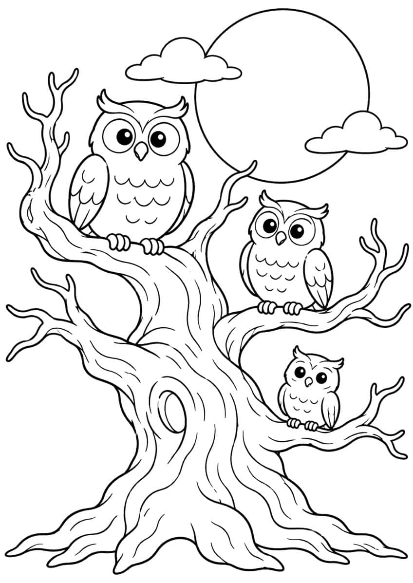 Three owls on a twisted bare tree with a knothole, a big moon and two clouds