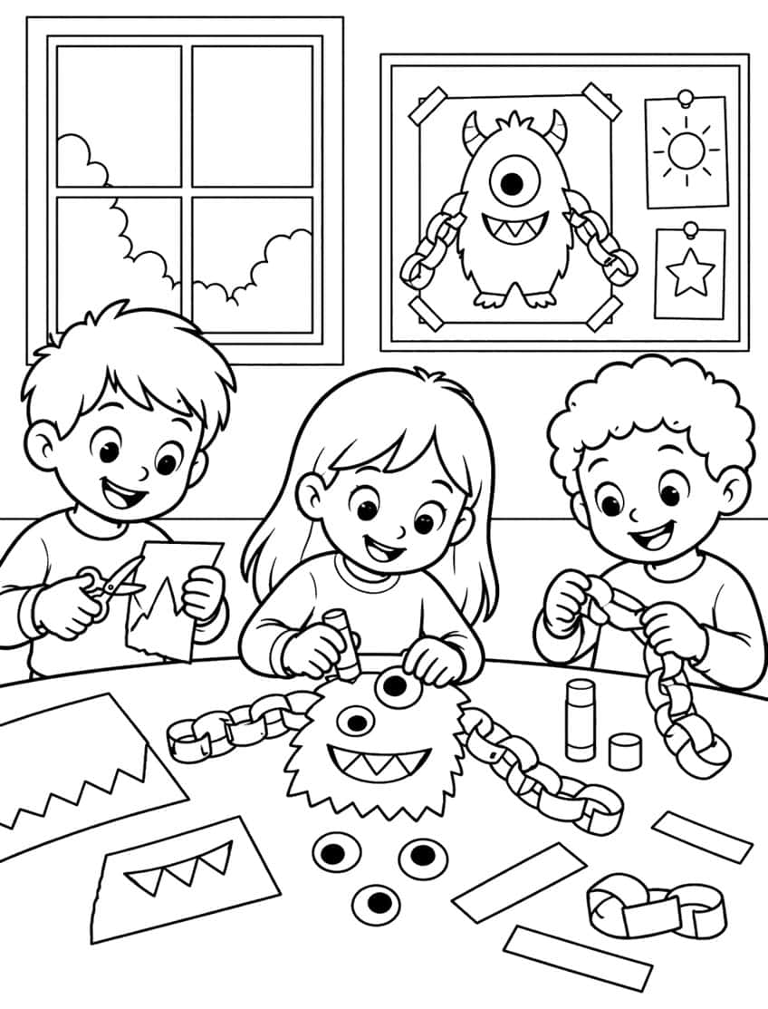 Three children crafting a furry paper monster with paper chains, glue stick and googly eyes at a table