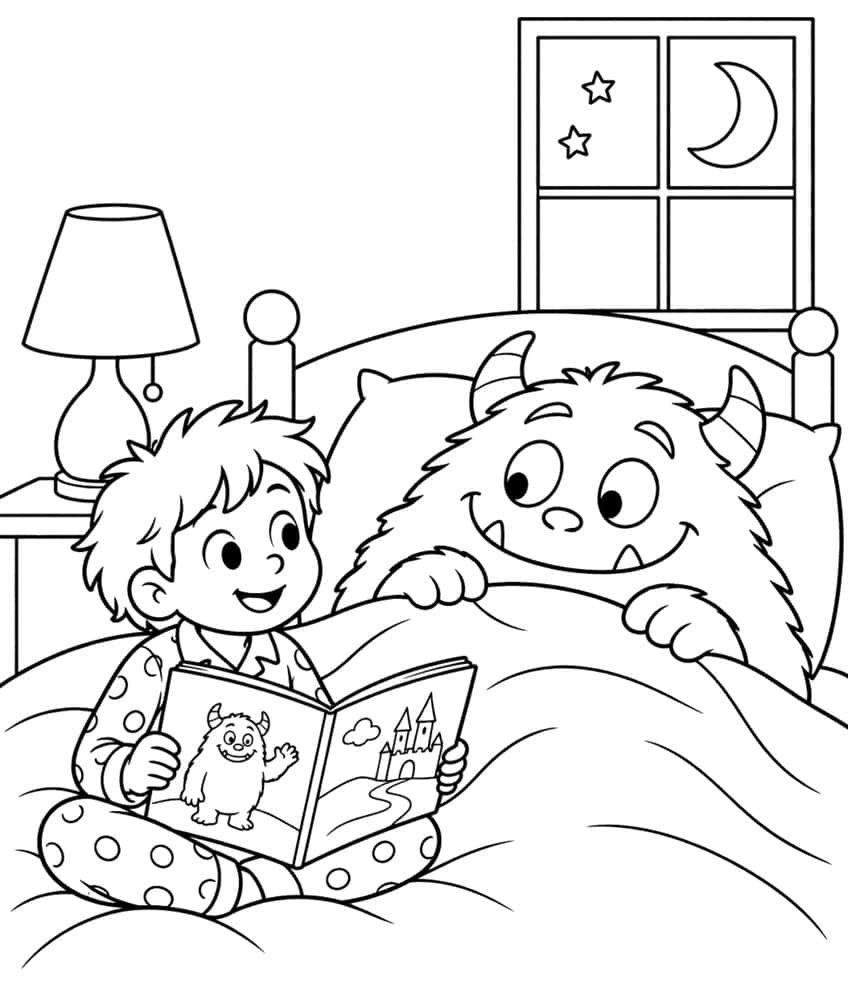 Boy in polka-dot pajamas reading a book to a smiling horned monster in bed, with lamp and moonlit window