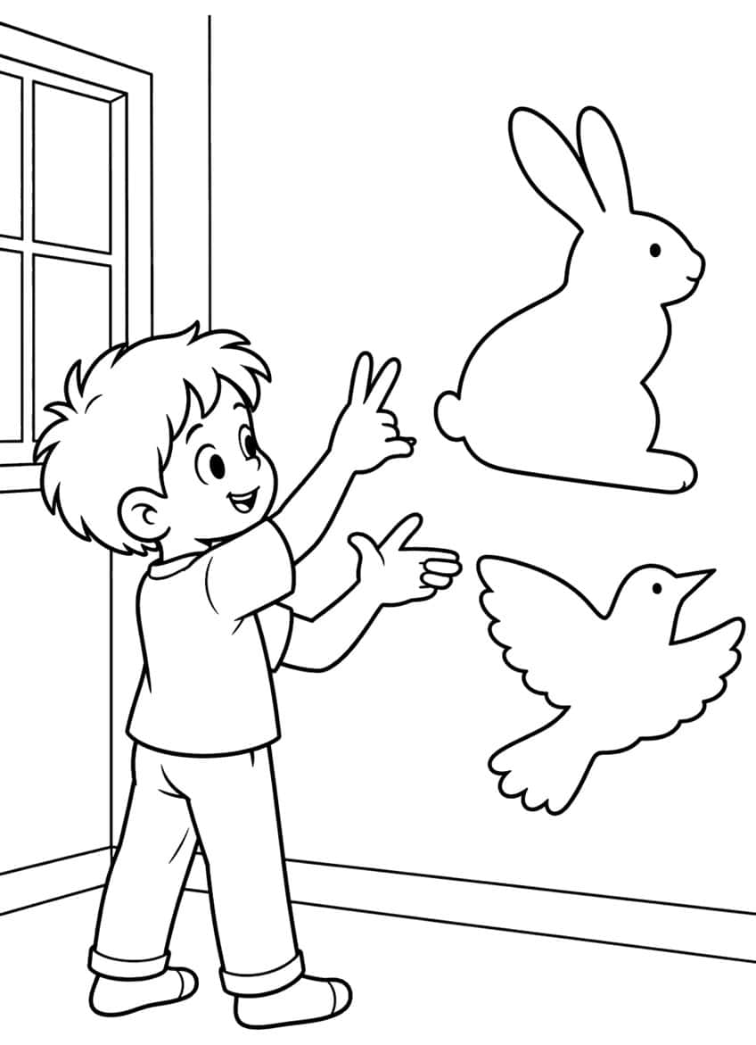 Boy making hand shadows of a rabbit and a flying bird on a wall beside a window