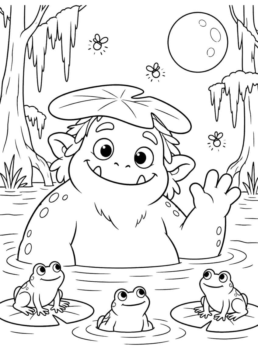 Friendly swamp monster waving in water with lily pad hat, three frogs, fireflies, moon and mossy trees