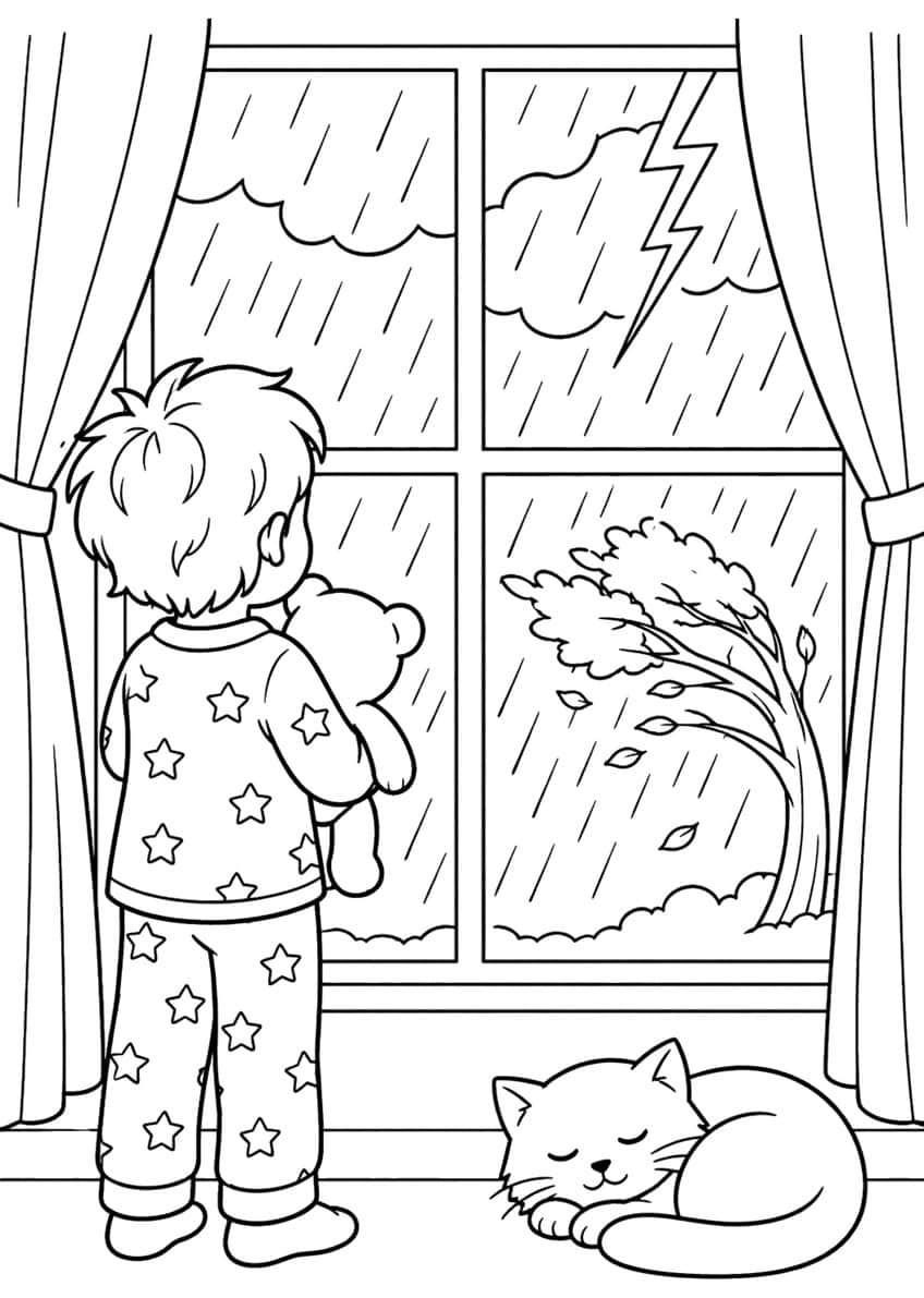 Boy in star pajamas with teddy bear at a rainy window with lightning, bent tree and sleeping cat
