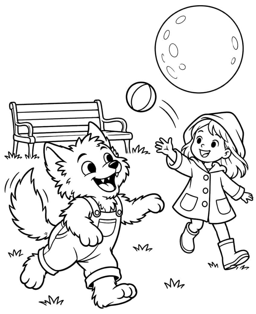 Werewolf cub in overalls and girl in raincoat throw a ball near a park bench and a cratered moon
