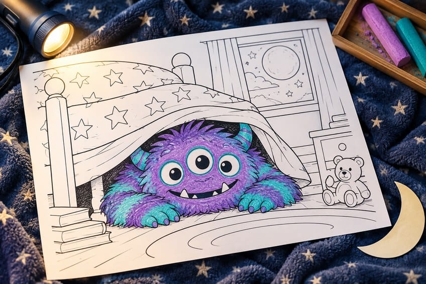 scary coloring page partly colored in with pencils