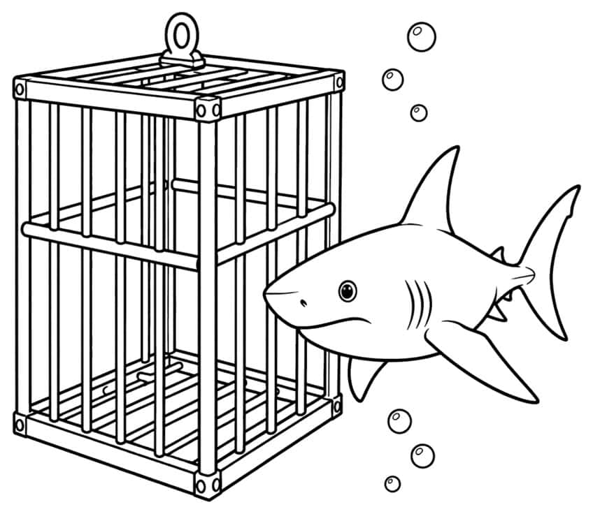Coloring page of a shark swimming next to an empty diving cage with bubbles