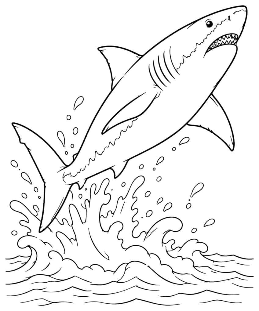 Coloring page of a great white shark leaping out of splashing waves