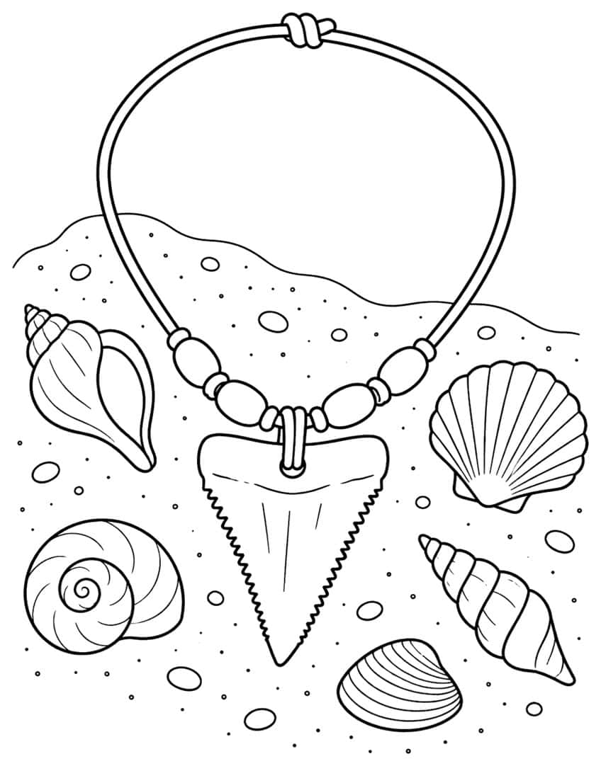 Coloring page with a shark tooth necklace and seashells on sand