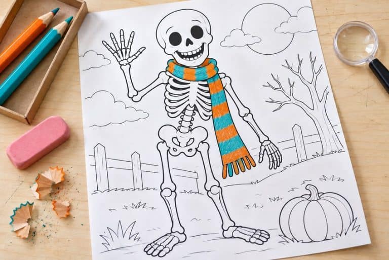 skeleton coloring page partly colored in with pencils