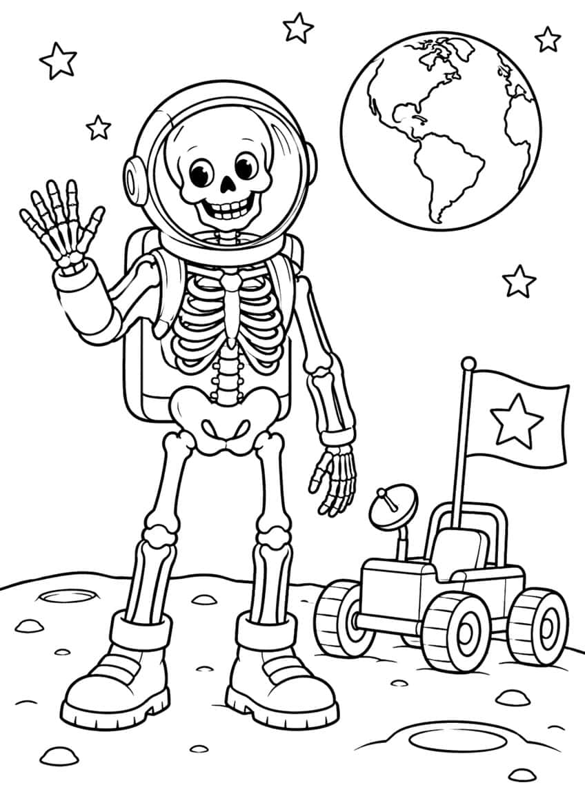 Waving skeleton astronaut on the moon with a rover, star flag, Earth and stars
