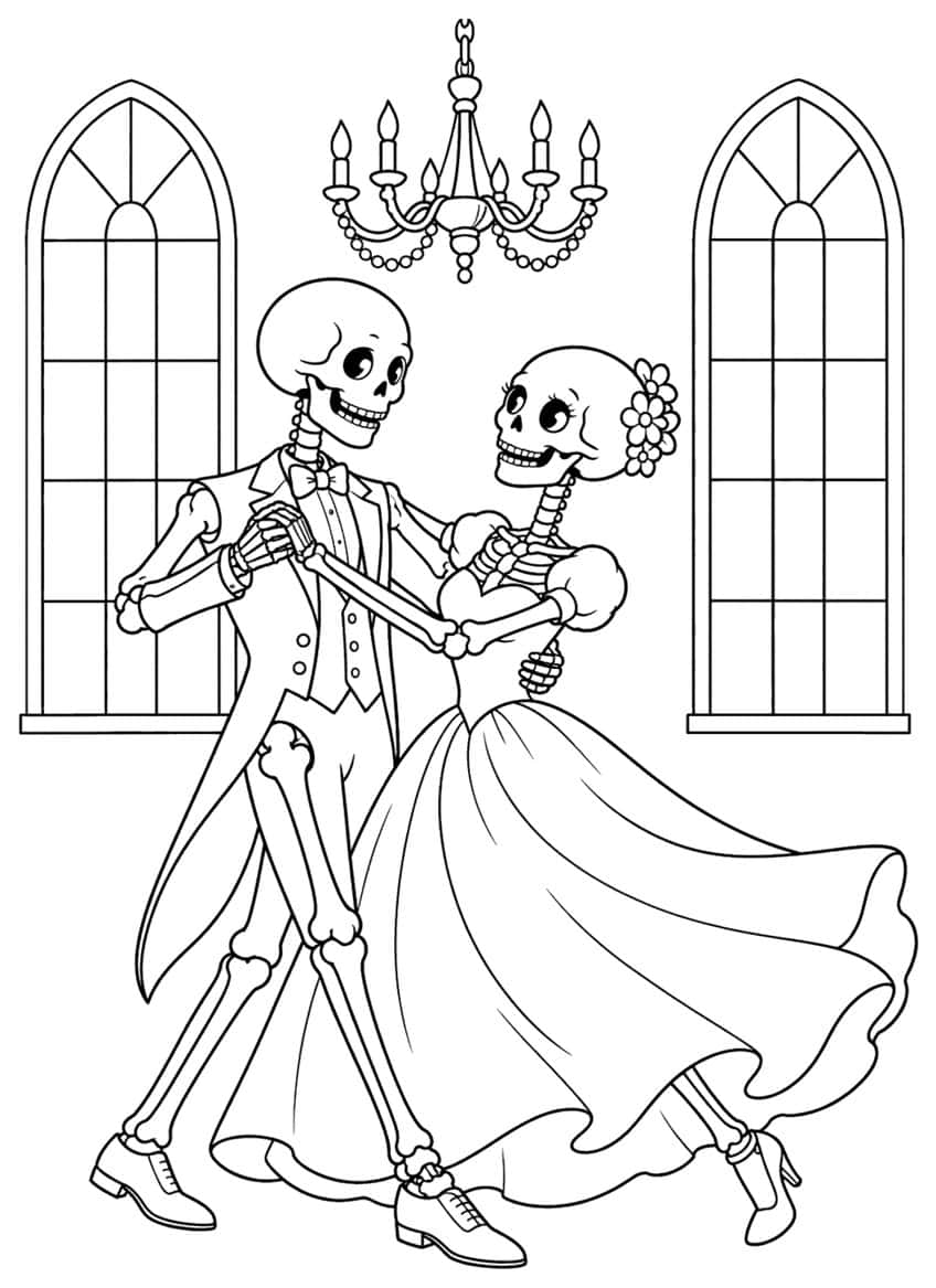 Skeleton couple waltzing in a ballroom with tailcoat, ball gown, chandelier and two arched windows
