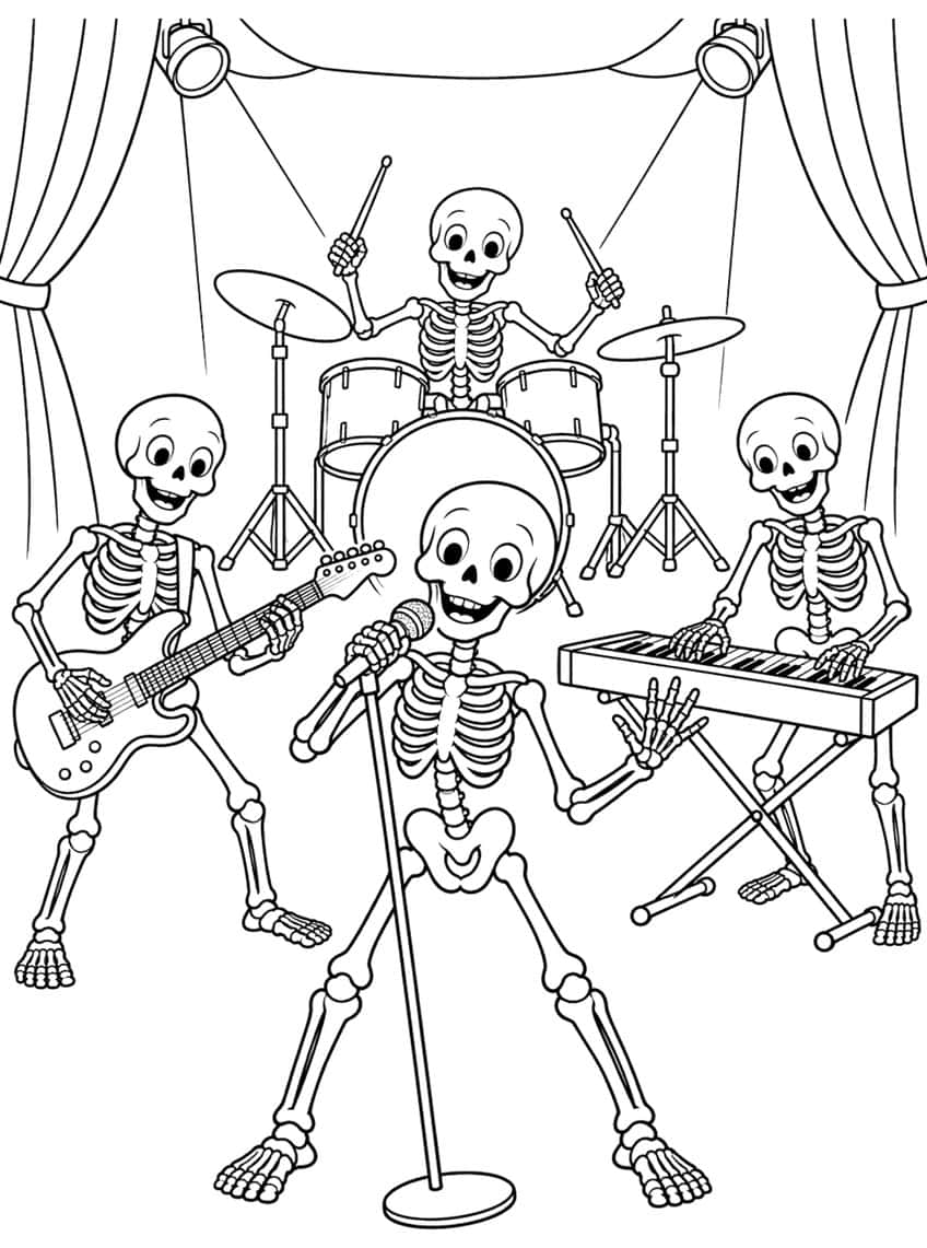 Four skeletons playing in a band: singer, electric guitar, keyboard and drums, on a stage with curtains and spotlights