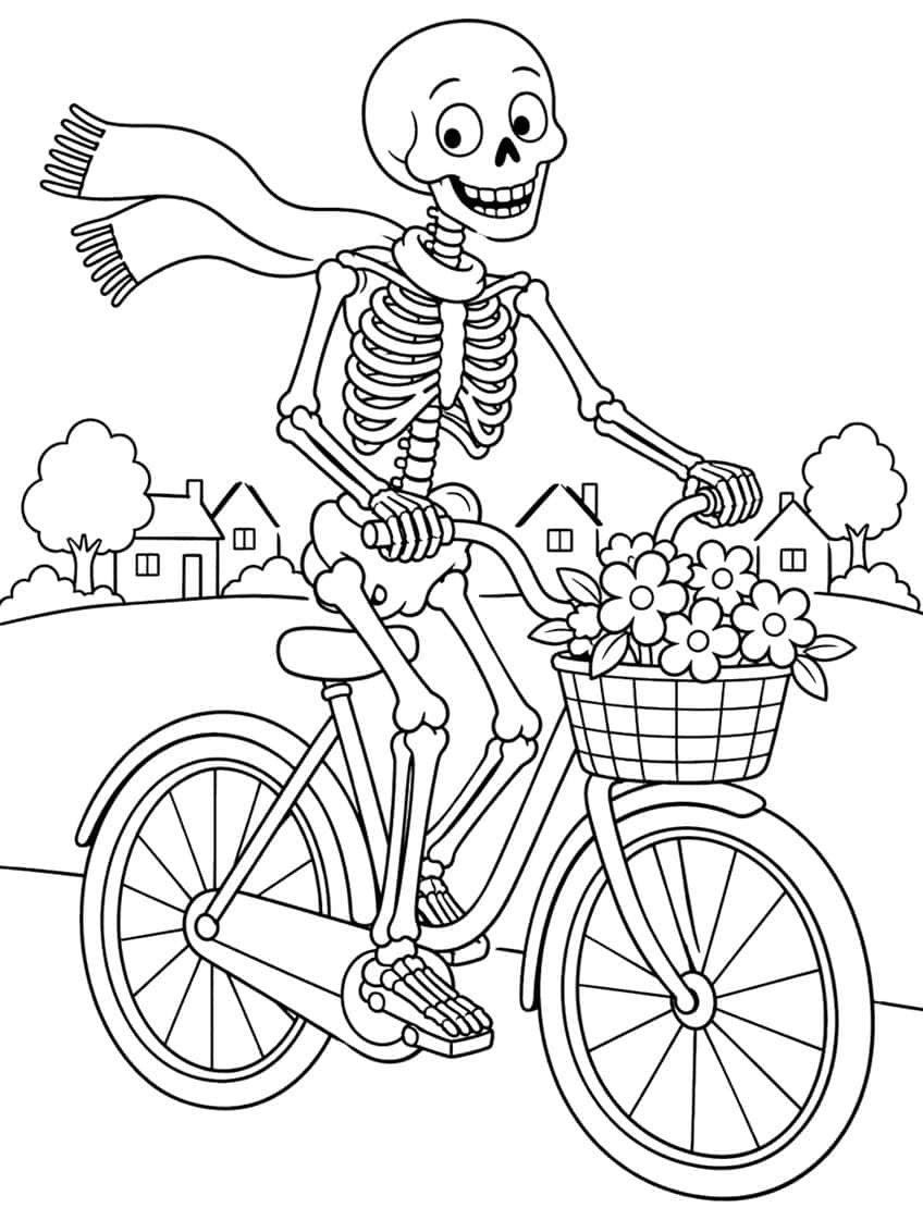 Smiling skeleton riding a bicycle with a flower basket and a flowing scarf, houses and trees behind
