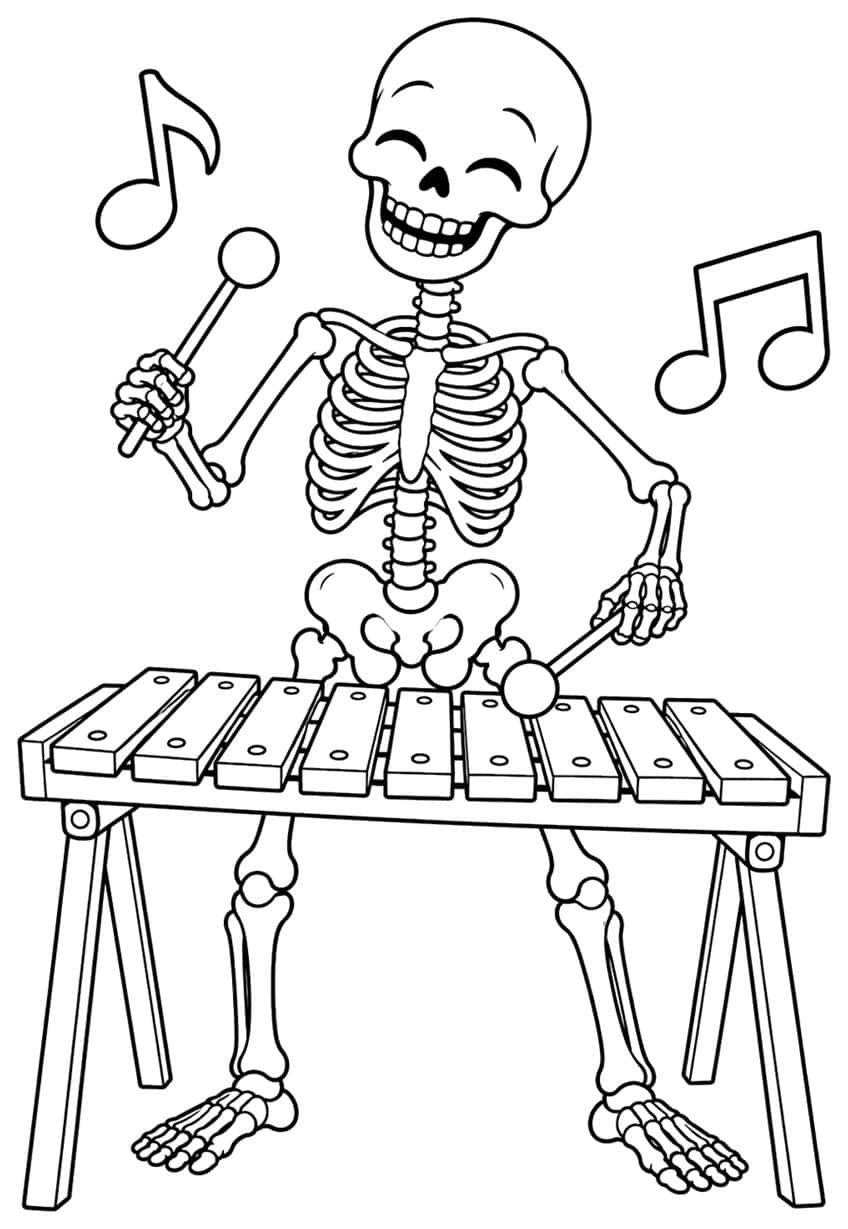 Grinning skeleton playing a nine-bar xylophone with two mallets and two music notes