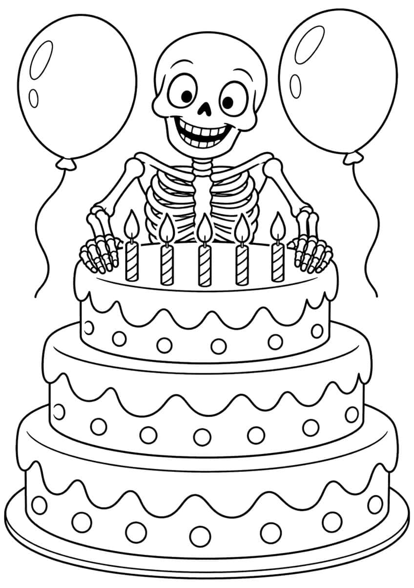 Grinning skeleton behind a three-tier cake with five candles and two balloons