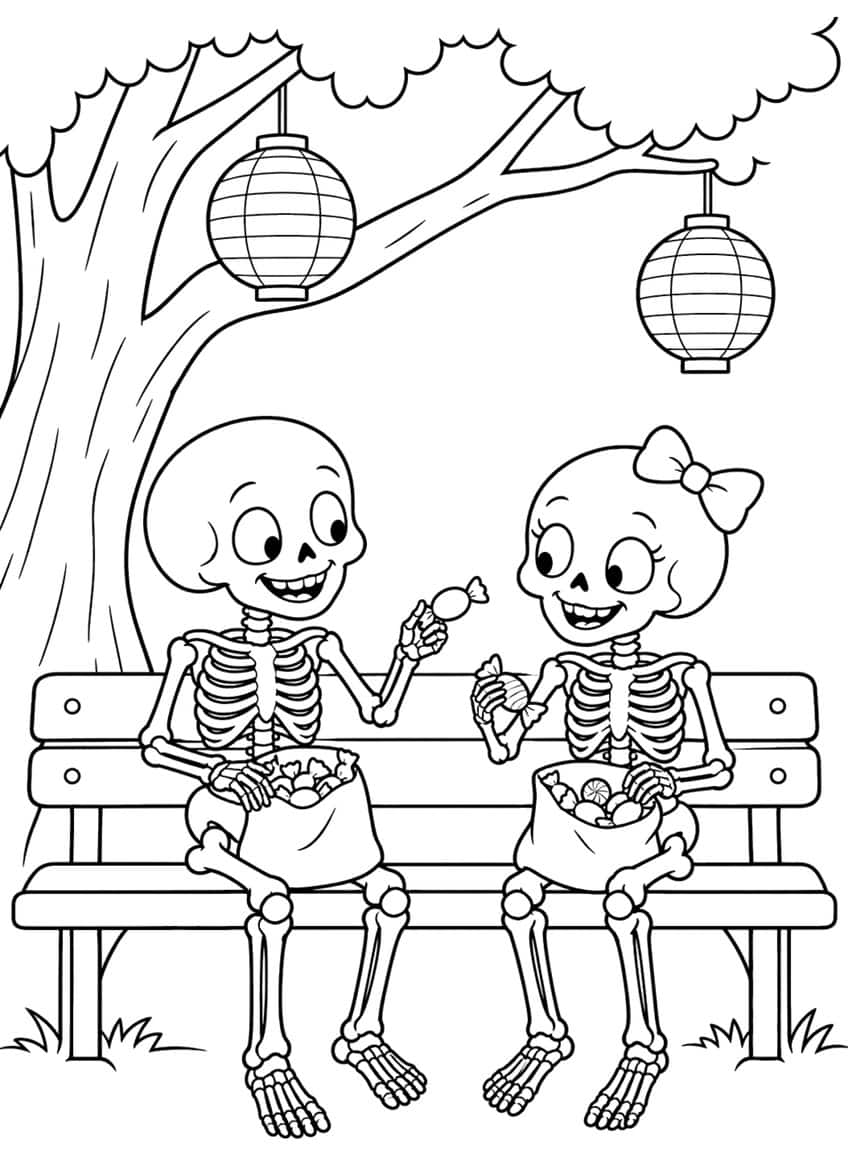 Two skeletons on a park bench trading candy, with bags of sweets and two lanterns hanging from a tree