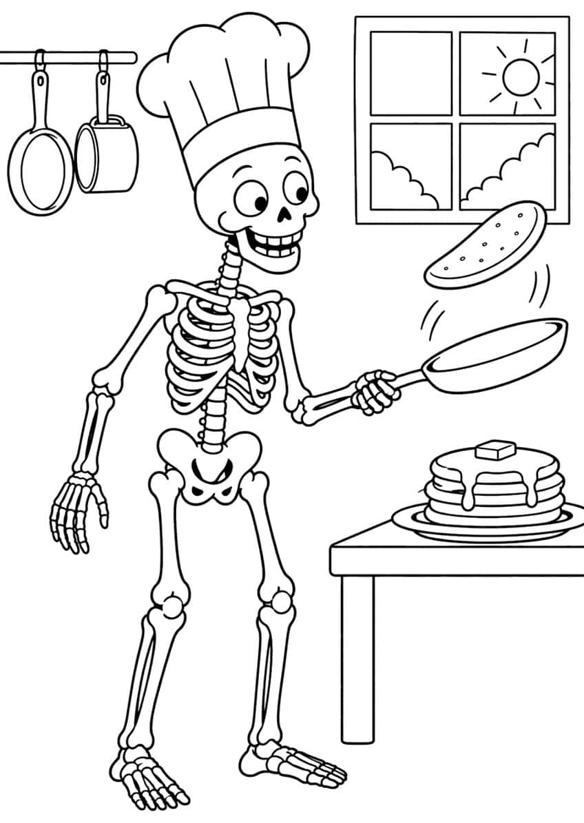 Skeleton in chef hat flipping a pancake with a pan, pancake stack on a table, hanging pots, sunny window