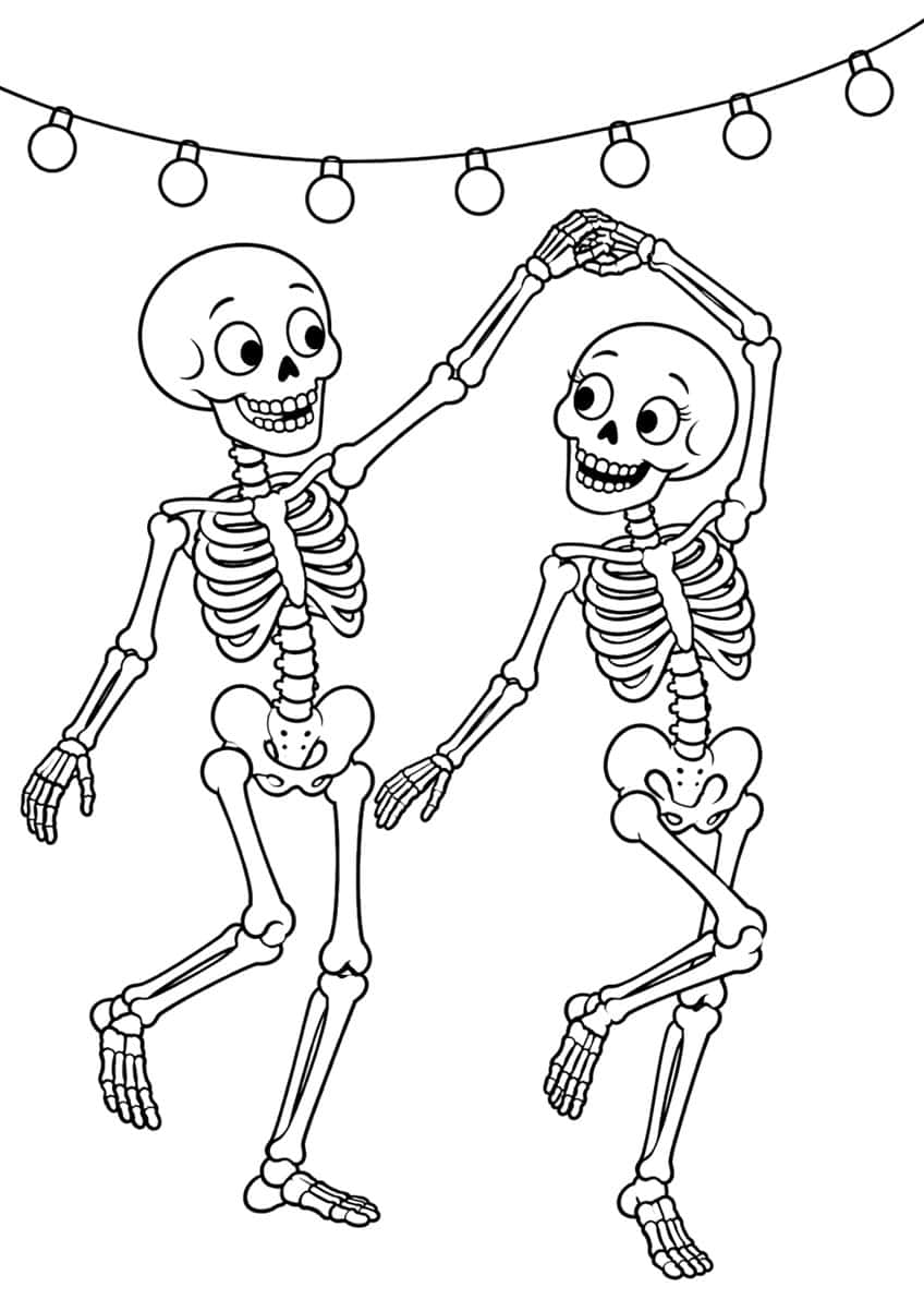 Two dancing skeletons with joined raised hands under a string of eight round light bulbs