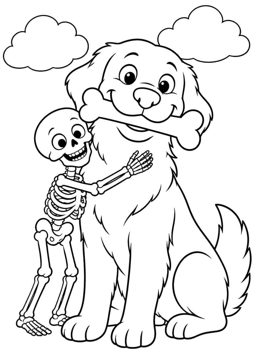 Smiling fluffy dog with a bone in its mouth hugged by a small skeleton, two clouds above