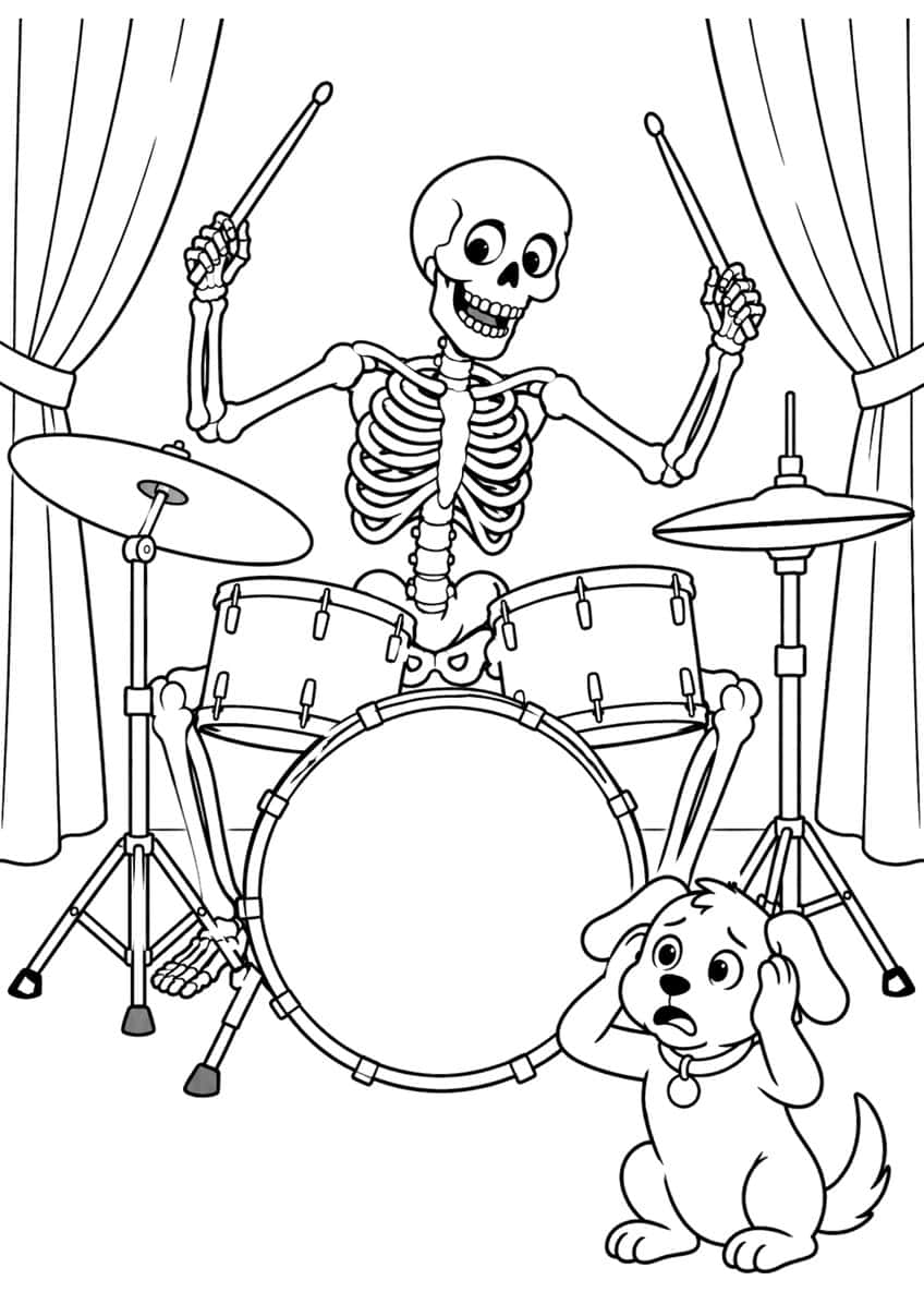 Skeleton playing a drum kit on a curtained stage while a puppy covers its ears