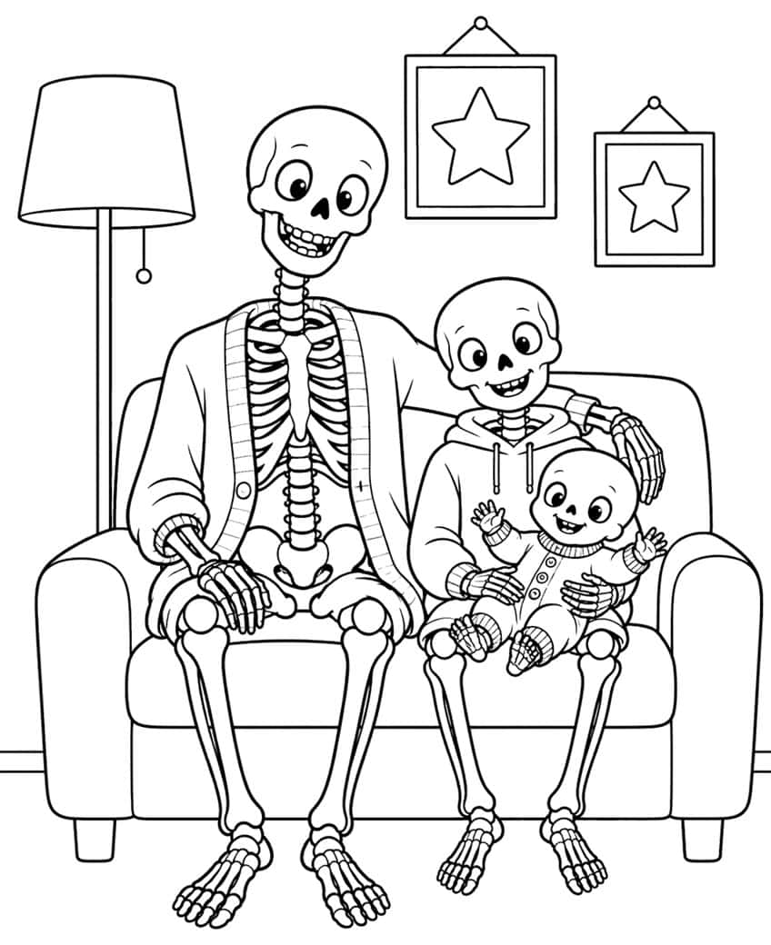 Three skeletons on a sofa with a baby, floor lamp and two framed stars