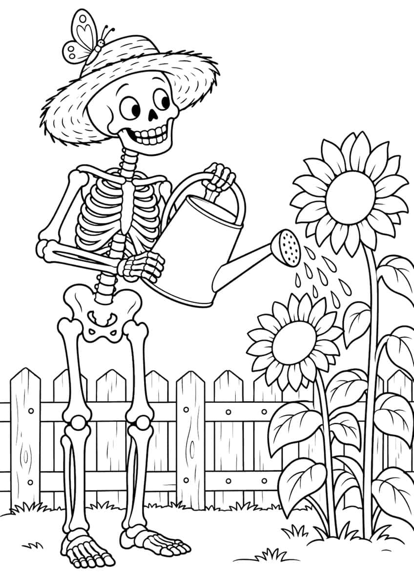 Skeleton in straw hat with butterfly watering two sunflowers beside a wooden fence