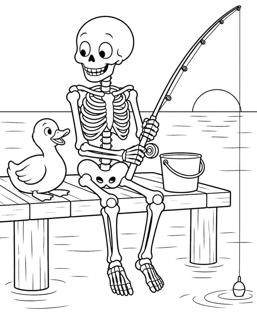 Skeleton sitting on a pier with a fishing rod, bucket and duckling, float on the water, sun on the horizon