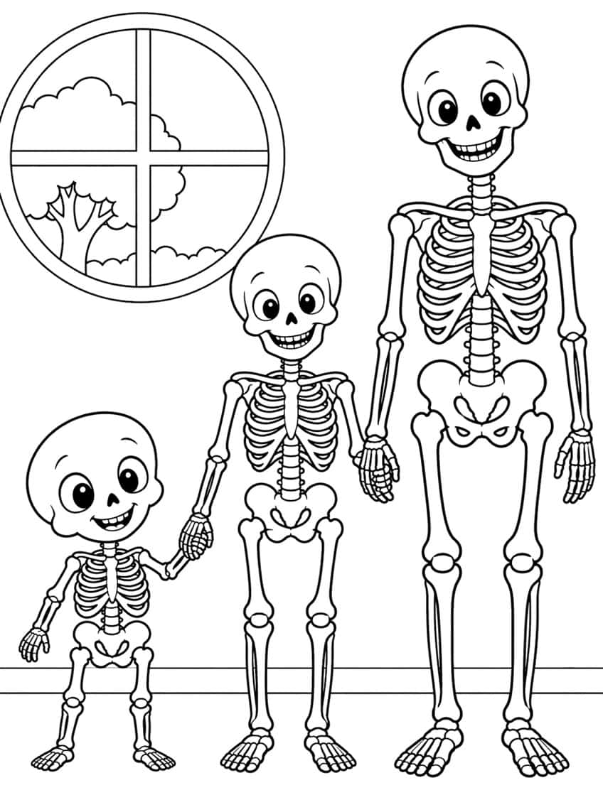 Three smiling skeletons of different heights holding hands beside a round window with a tree and clouds