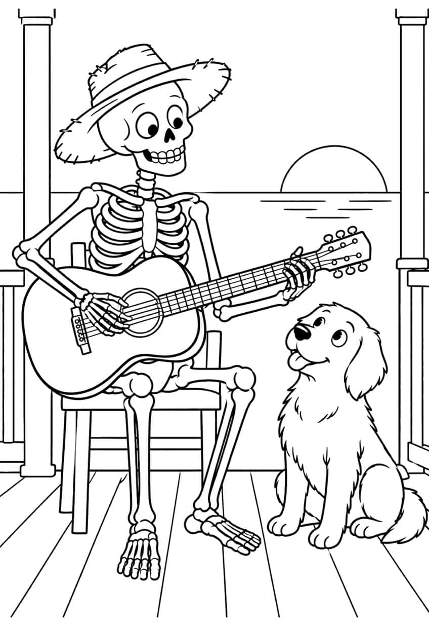 Skeleton in straw hat playing acoustic guitar on a porch chair, with a happy puppy and a setting sun