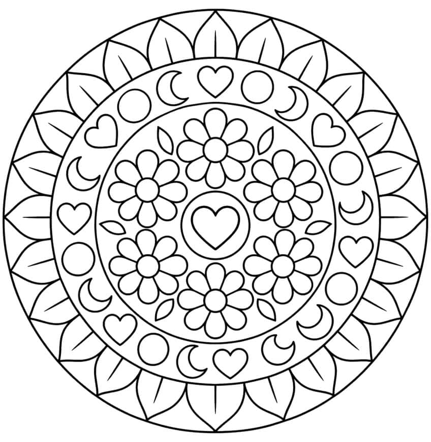 Round mandala with a center heart, six flowers, hearts, moons, circles and an outer ring of leaf petals