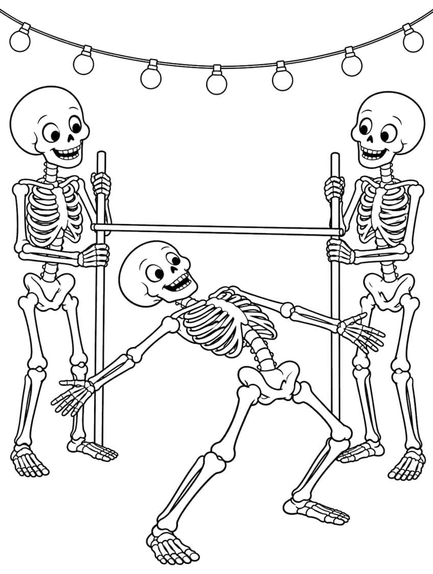 Three skeletons playing limbo under a bar, with a string of eight round bulbs above