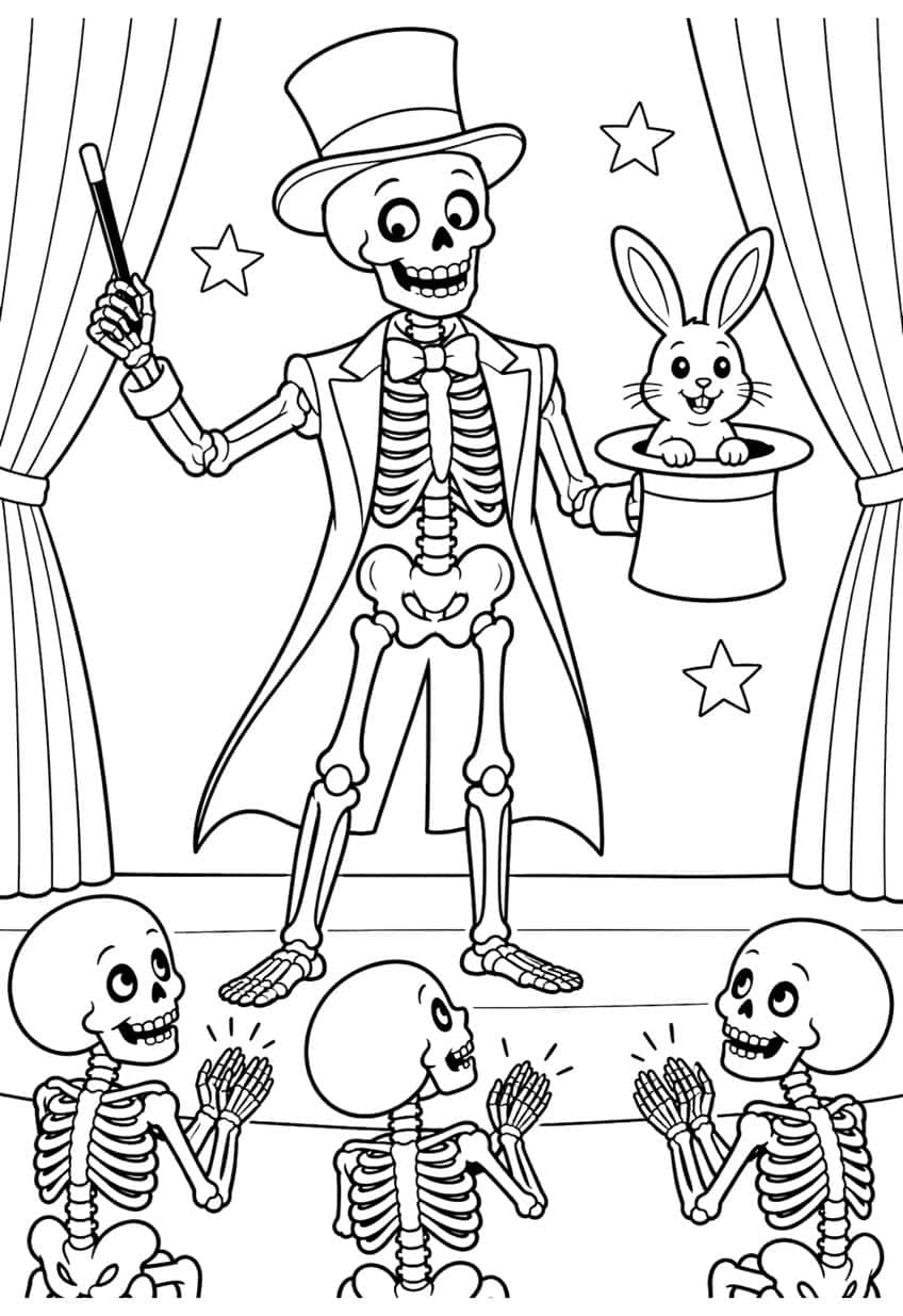 Skeleton magician with wand and top hat holding a rabbit, three clapping skeletons, curtains and stars