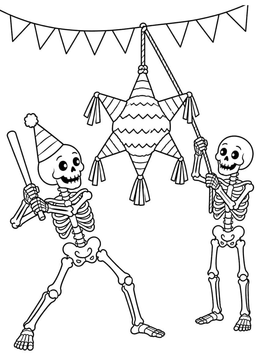 Two skeletons with a bat and rope beside a hanging star piñata and bunting