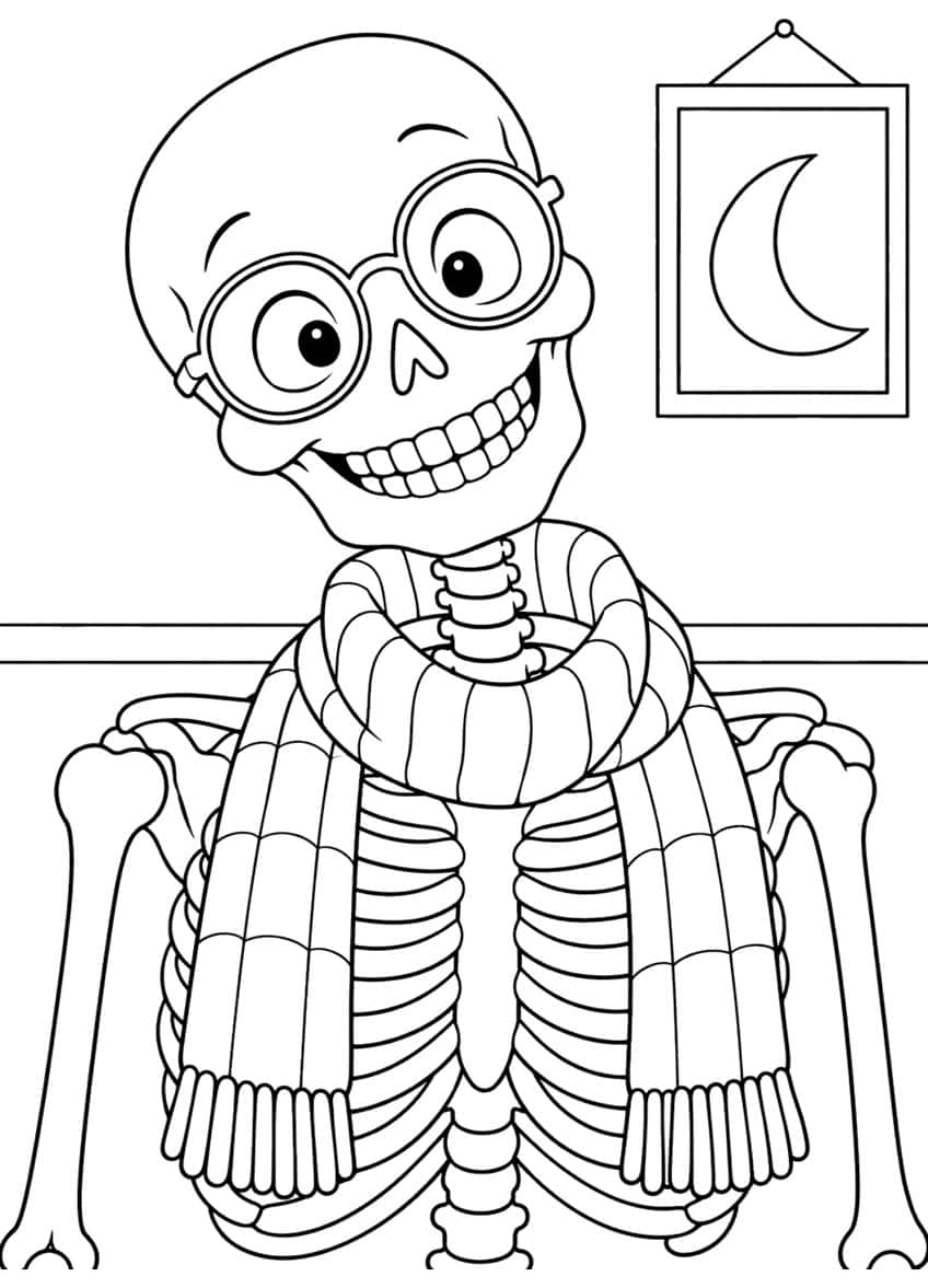 Smiling skeleton with round glasses and a fringed scarf beside a framed crescent moon
