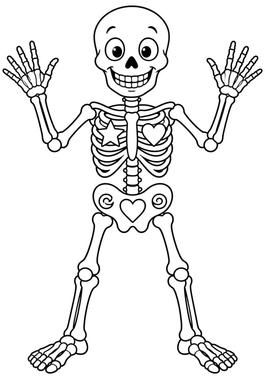 Smiling skeleton with raised hands, star and heart in ribs, heart and spirals on pelvis