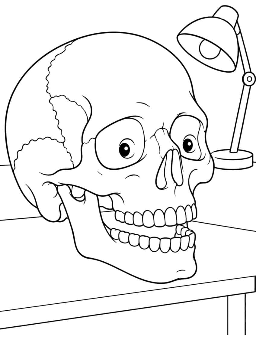 Human skull with open jaw, eyeballs and wavy sutures on a desk beside a desk lamp