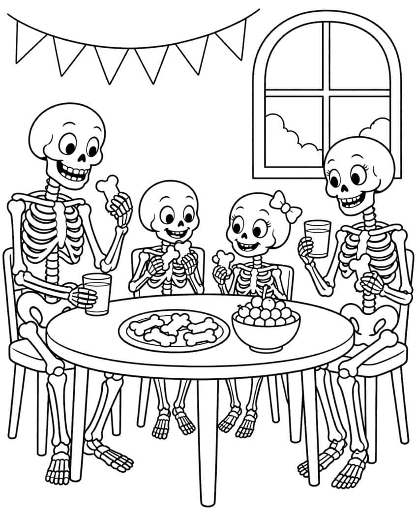 Four skeletons at a round table with bone cookies, a fruit bowl, glasses, bunting and an arched window