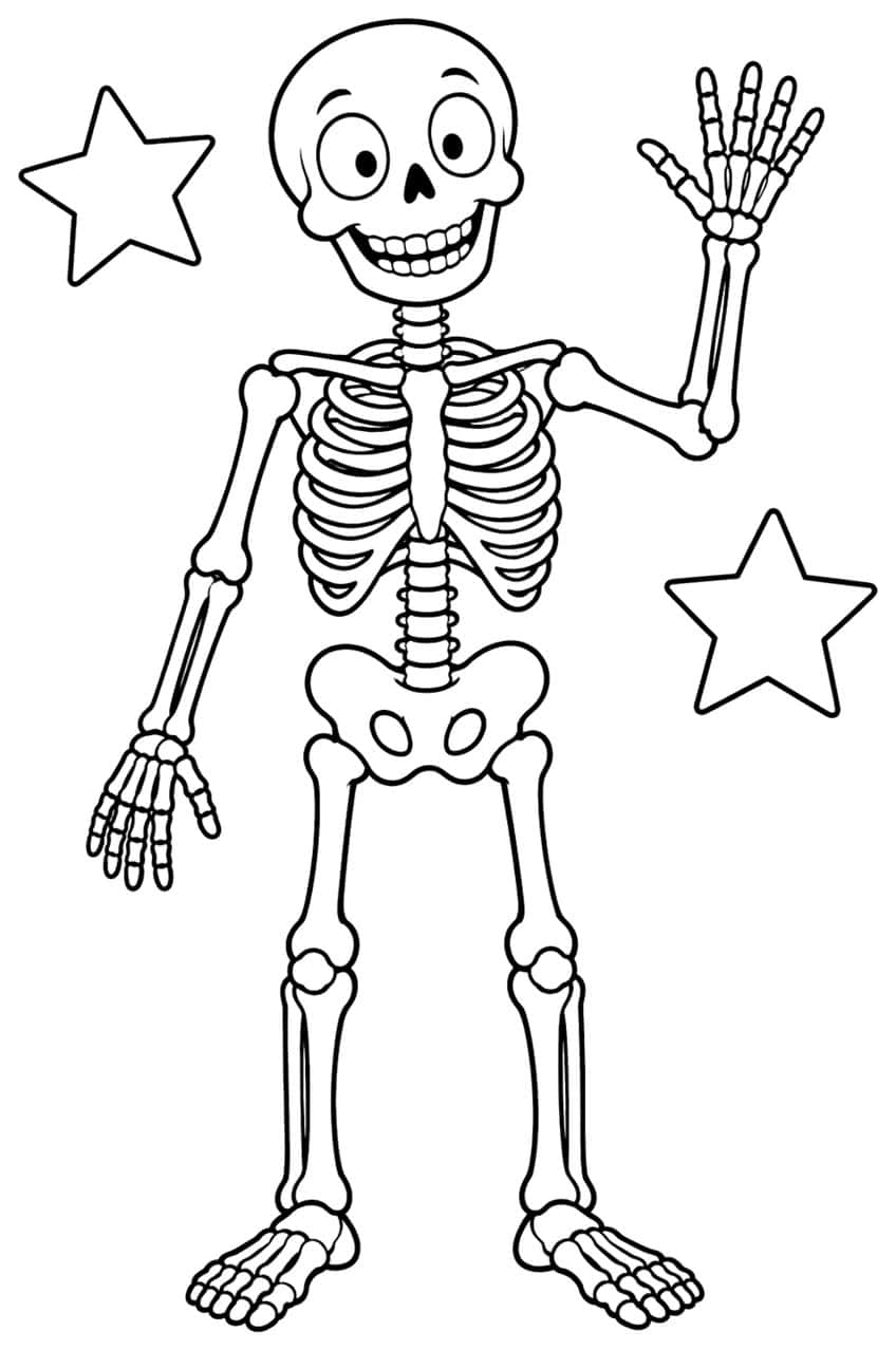 Smiling cartoon skeleton waving one hand, with ribcage, pelvis, and two outlined stars