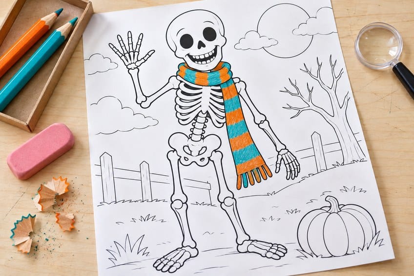 skeleton coloring page partly colored in with pencils